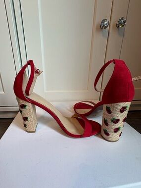 Red Embroidered Block Heel Sandals - Women's Open Toe Ankle Strap